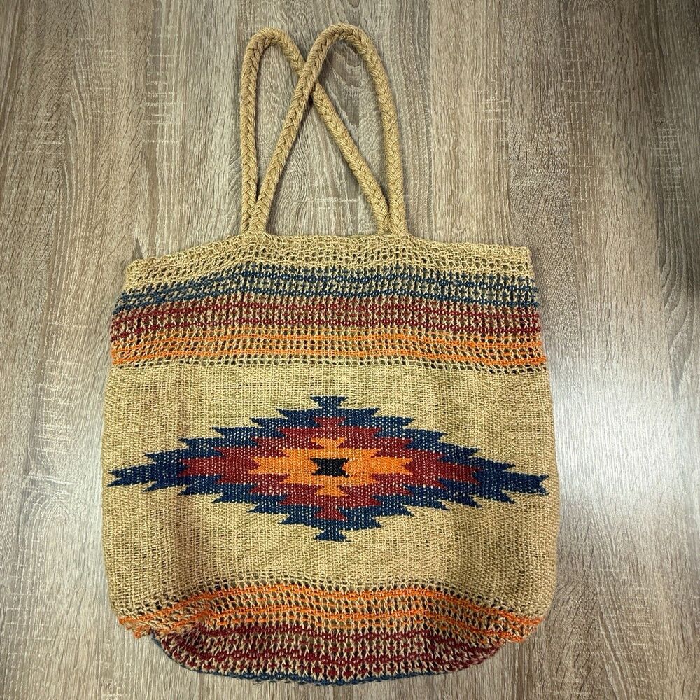 Chloe & Lex Jute Tote Bag Aztec Southwestern Pattern 19 x 19" Snap Closure Boho